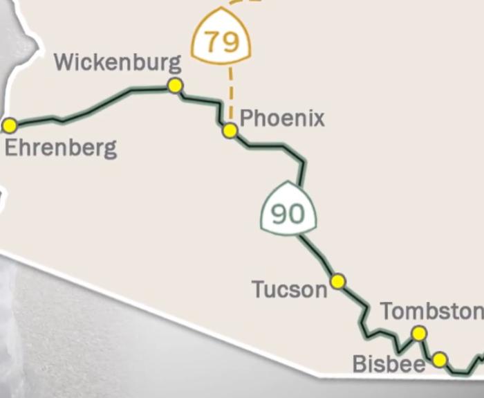 Map of US Bicycle Route 90 through Arizona