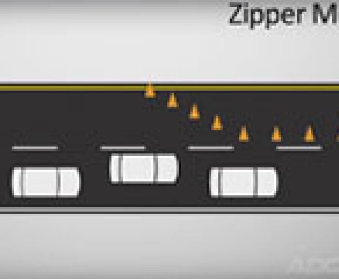 Diagram showing cars merging in a zipper pattern at cones, with Zipper Merge text in the corner.