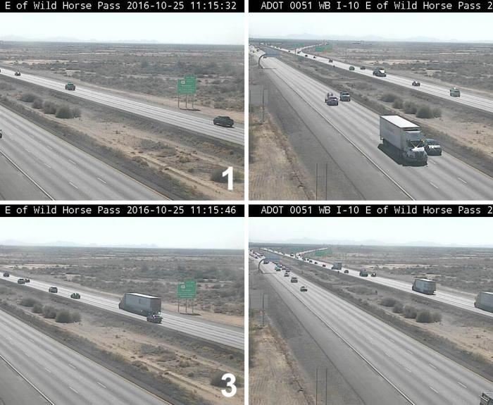 Four traffic camera views of Interstate 10 near Wild Horse Pass show vehicles traveling in both directions on a clear day, with time stamps from October 25, 2016.