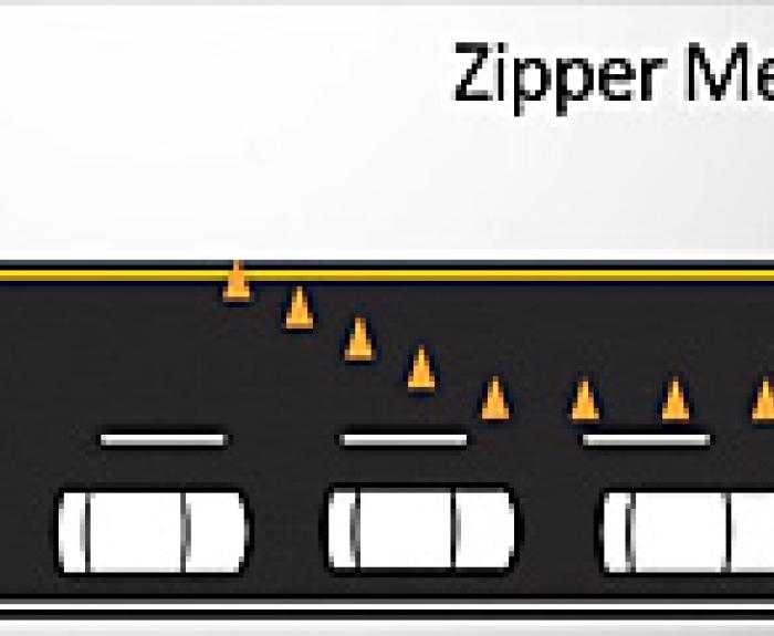 Diagram showing cars using a zipper merge at a lane closure, with traffic cones blocking one lane and vehicles alternating to merge into the open lane.