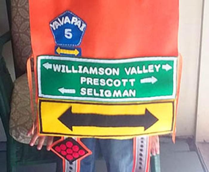 A young boy stands indoors wearing a homemade costume resembling a highway road sign with directional signs for Williamson Valley, Prescott, and Seligman.