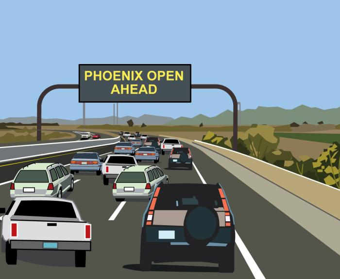 Cartoon depicting freeway traffic and message board saying Phoenix Open Ahead