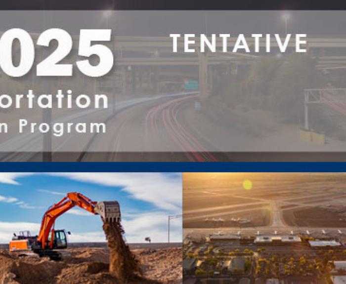 A graphic banner for ADOT's 2021–2025 tentative Five-Year Transportation Facilities Construction Program, featuring highways, construction equipment, and road project images.