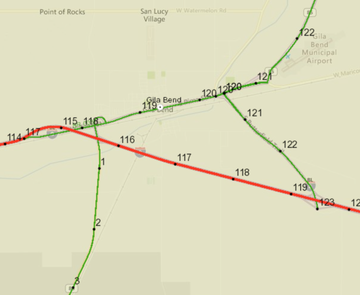 Map showing mileposts in the Gila Bend area