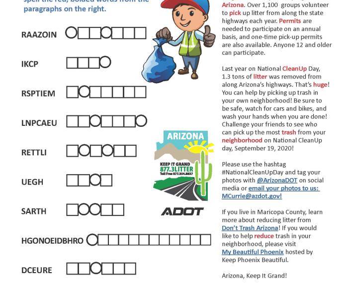 ADOT kids adopt a highway word scramble.