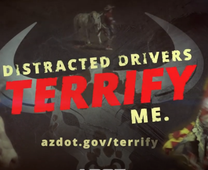 A graphic reads Distracted drivers terrify me. with bull riding and cowboy images in the background.
