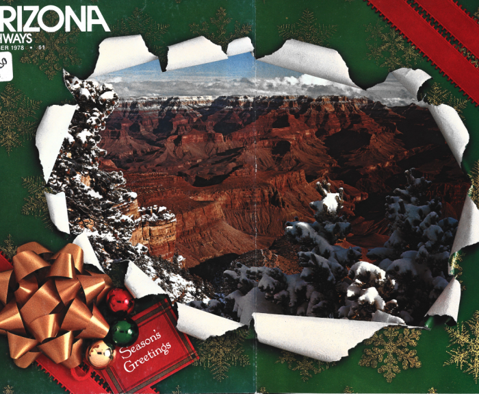 Graphic of wrapping paper torn open to reveal the Grand Canyon