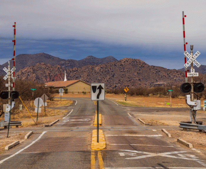 Street with a railroad crossing