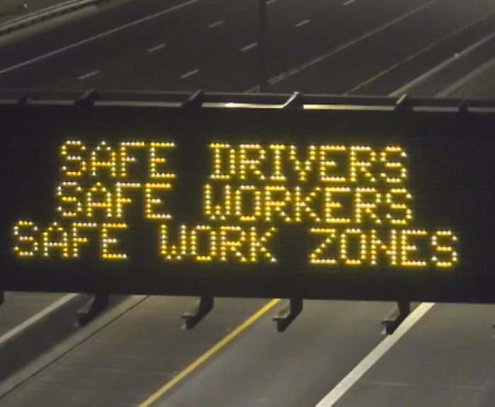 Work Zone Safety Awarness message on freeway board