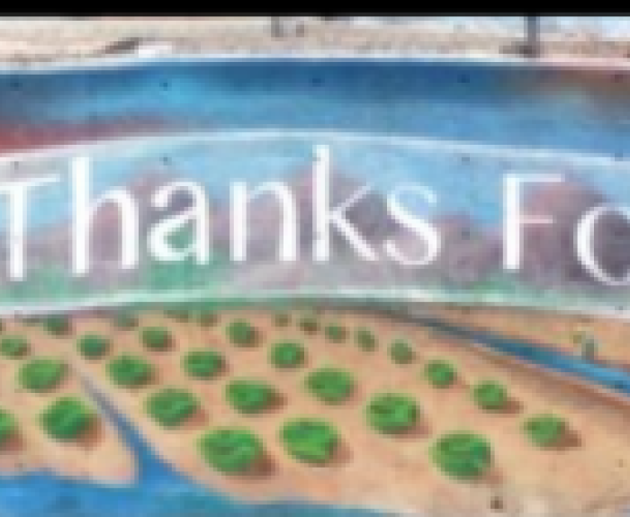 A mural shows a red airplane flying over fields and a river with a banner that reads, Thanks for Flying Yuma.