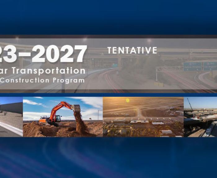 Banner image showing “2023-2027 Five-Year Transportation Facilities Construction Program (Tentative)” with photos of roads, construction equipment, and infrastructure projects.