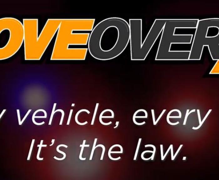 The graphic reads MOVE OVER AZ. Every vehicle, every time. Its the law. on a dark background with blurred red and blue lights.