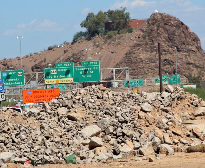 Demolished roadway concrete pieces to be reused