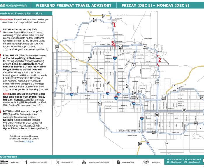 ADOT's Weekend Freeway Travel Advisory Map (Dec. 5-8, '25)