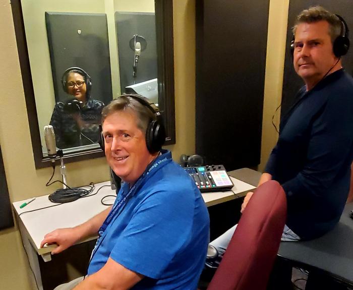 Host Doug Nintzel, sound engineer Russell Chase and guest Dezbah Hatathli record an episode.