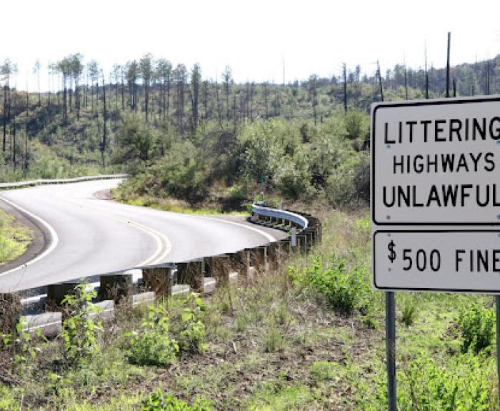 A roadside sign reads Littering Highways Unlawful. $500 Fine near a curved road surrounded by grassy and wooded terrain.