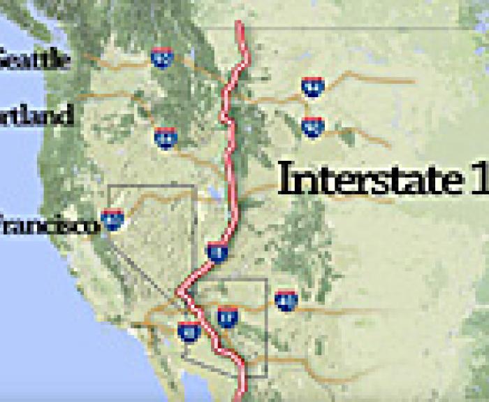 Map showing the proposed route of Interstate 11 running north-south through the western United States, with Seattle, Portland, and San Francisco labeled.
