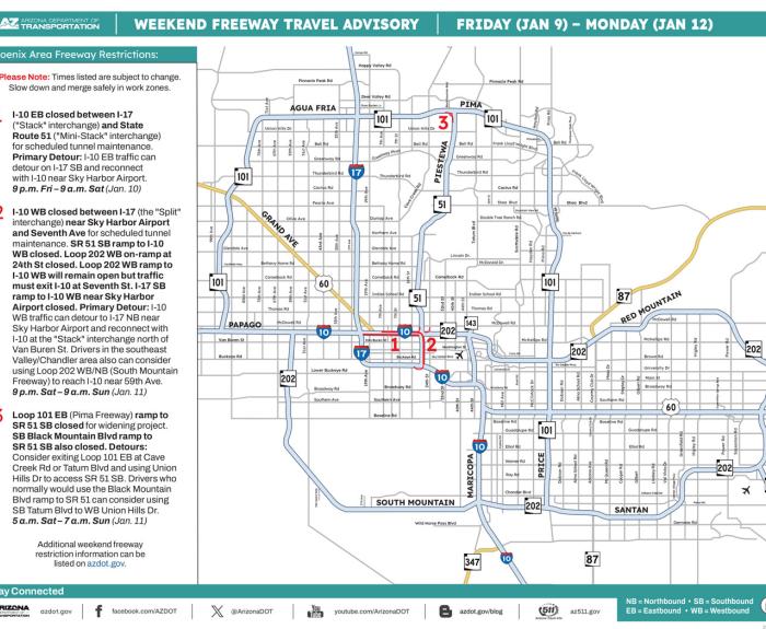 ADOT's Weekend Freeway Travel Advisory Map (Jan. 9-12, '26)