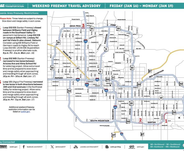 ADOT's Weekend Freeway Travel Advisory (Jan. 16-19, '26) - Phoenix Area