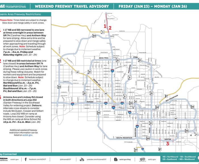 ADOT's Weekend Freeway Travel Advisory (Jan. 23-26, '26) - Phoenix Area