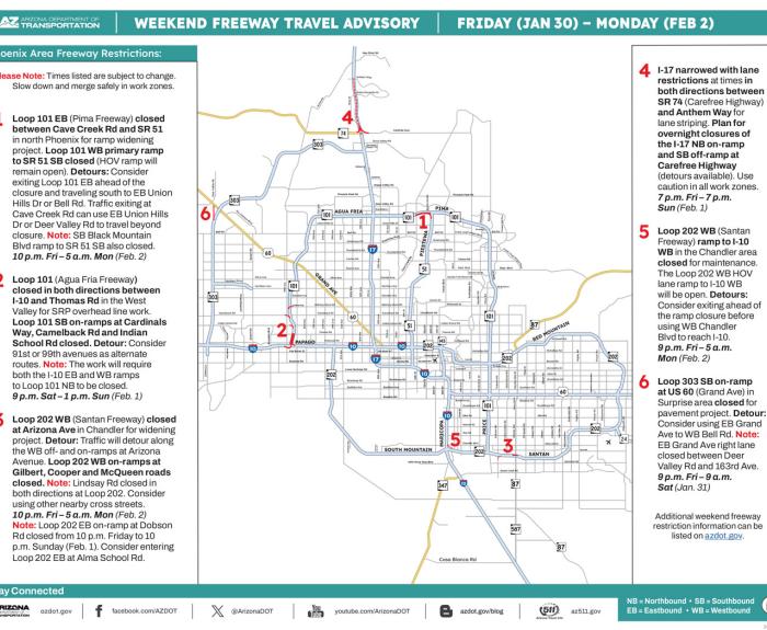 Weekend Freeway Closure Map (Jan. 30-Feb. 2, '26) - Phoenix Area