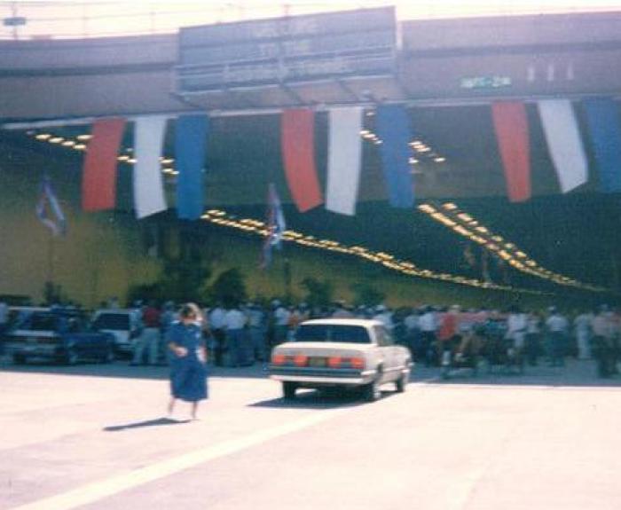 Grand opening of Deck Park tunnel with people in the tunnel