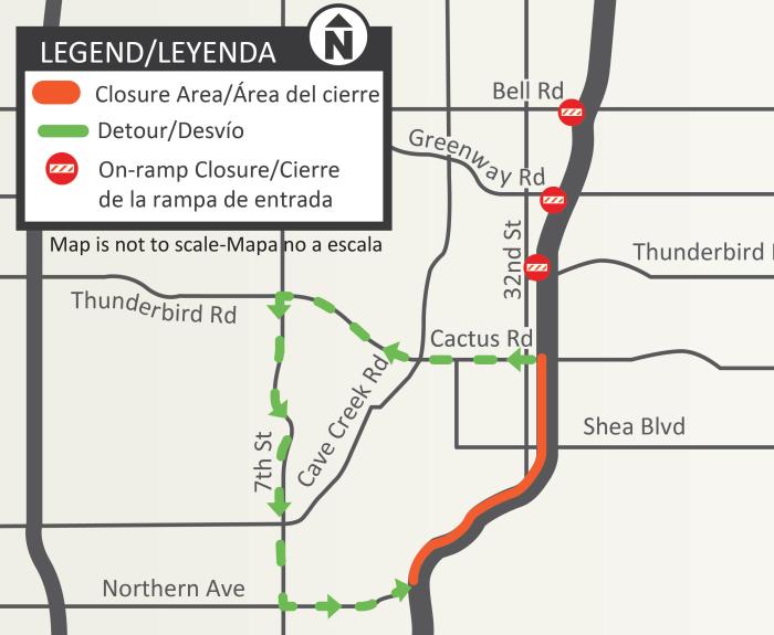Southbound State Route 51 closure detour map (ADOT March 2026)