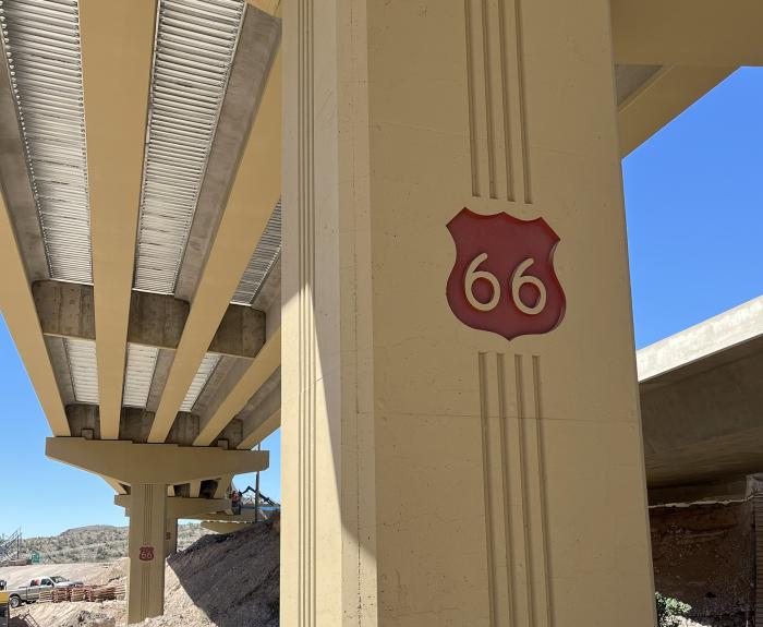 Route 66 shield on overpass column