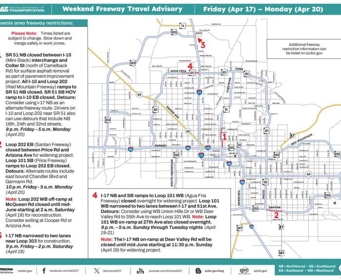 ADOT Weekend Closure Map (April 17-20, '26) - Phoenix Area