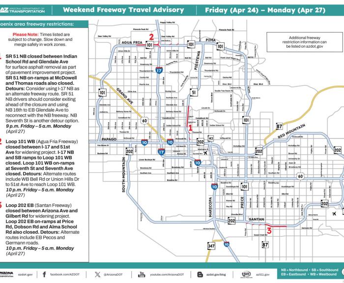 ADOT Weekend Closure Map (April 24-27, '26) - Phoenix Area