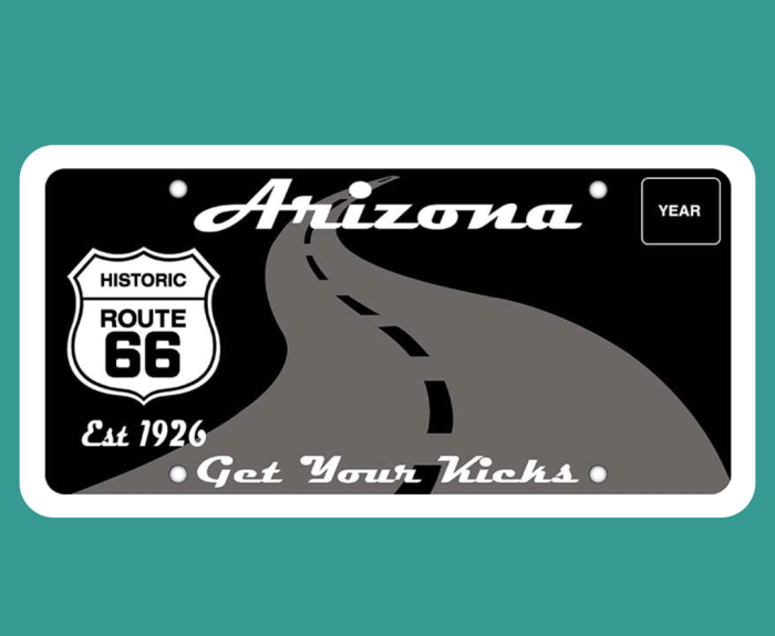 Image of Route 66 license plate on turquoise square background.