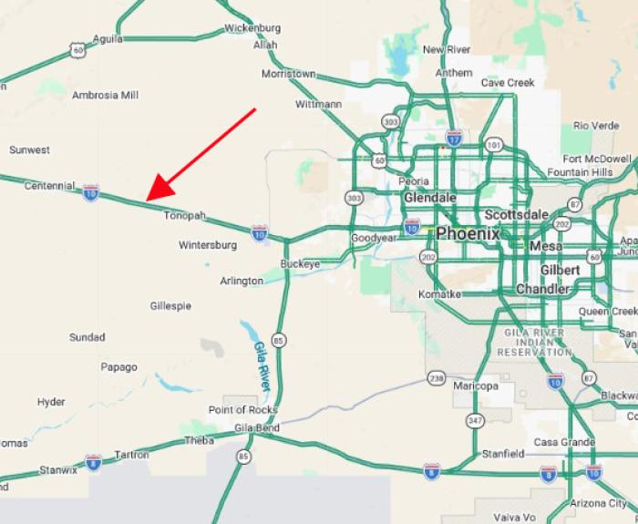 Map with arrow pointing to rest area location