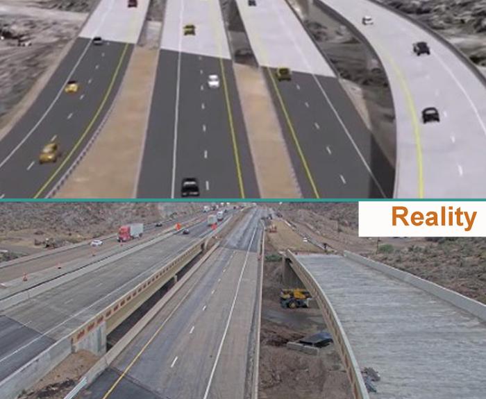 Image showing rendering versus actual photo of a portion of the I-40/US93 interchange in Kingman