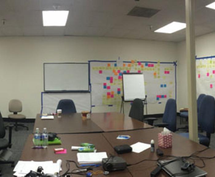 MVD office with colored Post It notes on wall