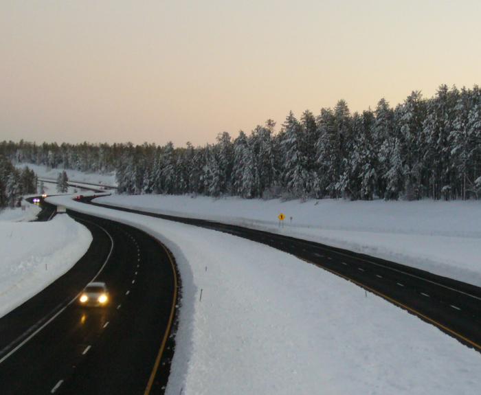 Snow on I-17 at twilight