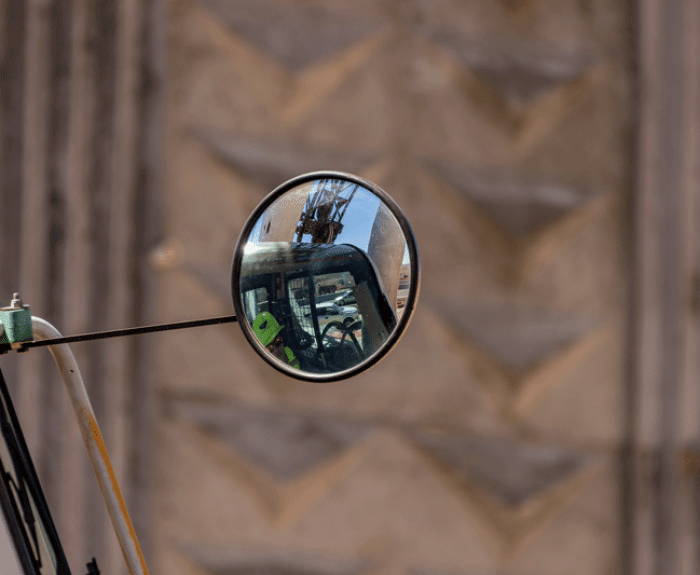 Bridge pier in rearview mirror