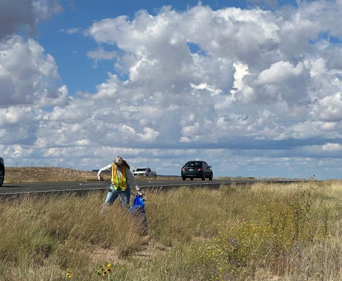 A volunteer removes litter from the side of a rural highway.
