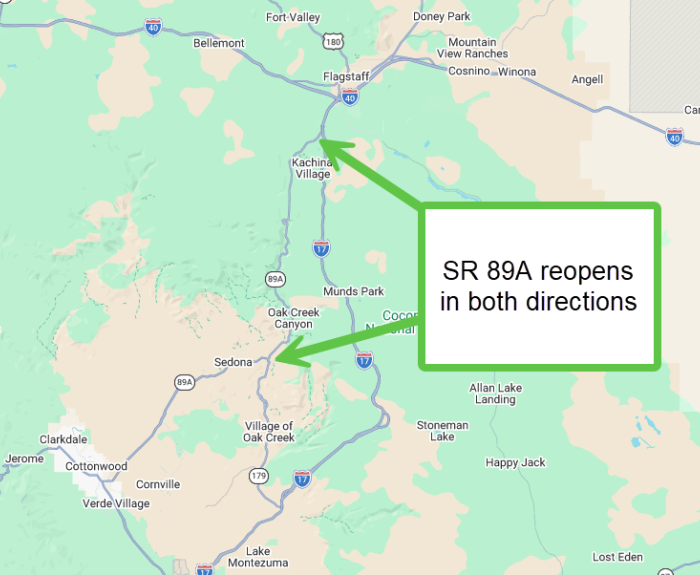 A map of SR 89A showing the road has reopened. 