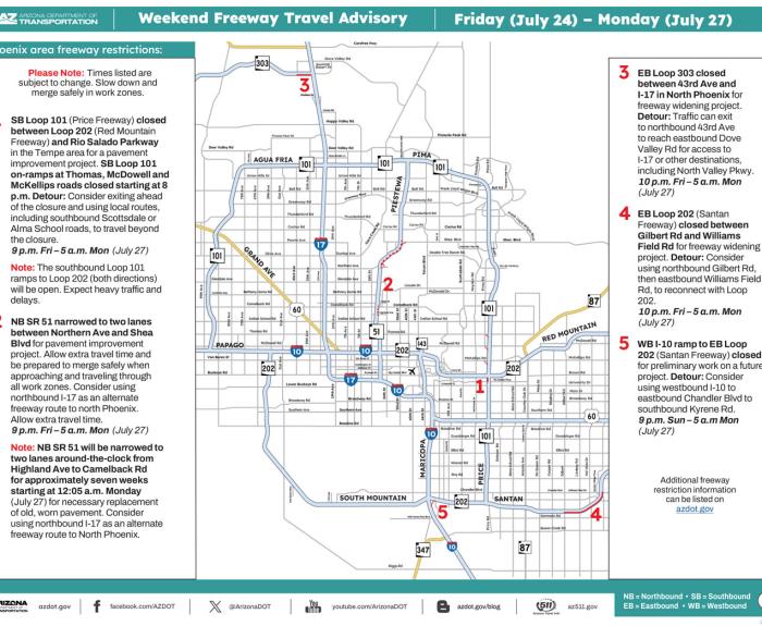 Map of weekend freeway travel advisory for July 24-27