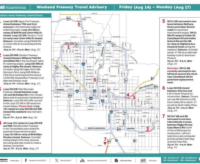 ADOT's Weekend Freeway Travel Advisory (Aug. 14-17, '26) - Phoenix Area