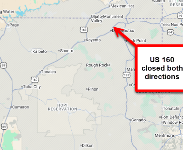 A map of US 160 indicating the road is closed