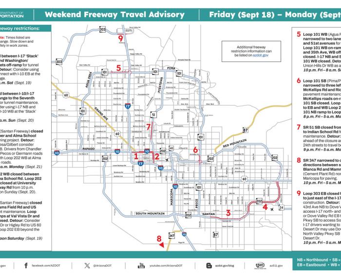 Map of weekend freeway travel advisory 