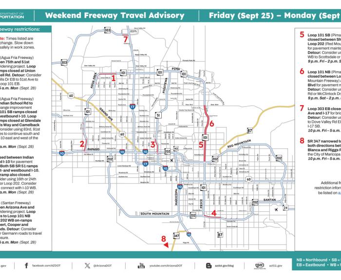 Map of weekend freeway travel advisory for Sept. 25-28