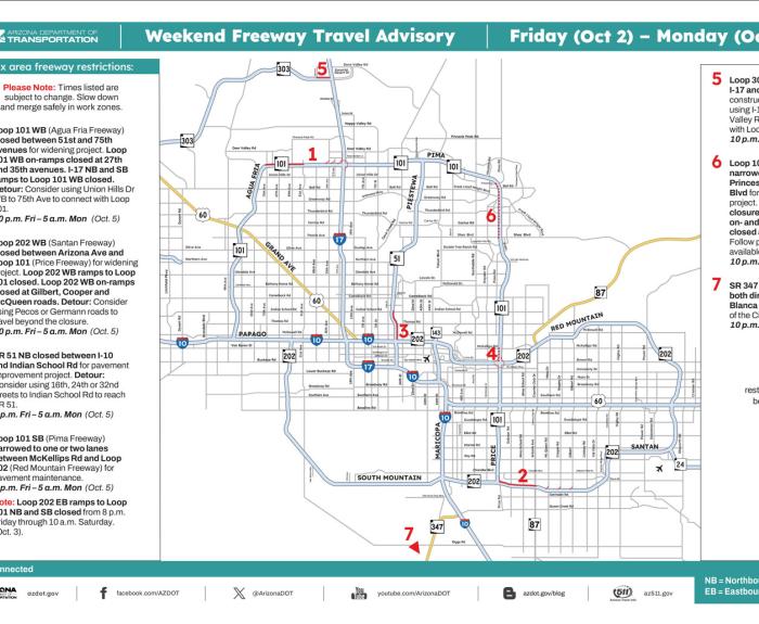 Map of weekend freeway travel advisory for Oct. 2-5
