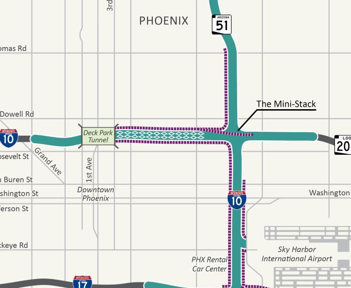 Map showing I-10 in central Phoenicx