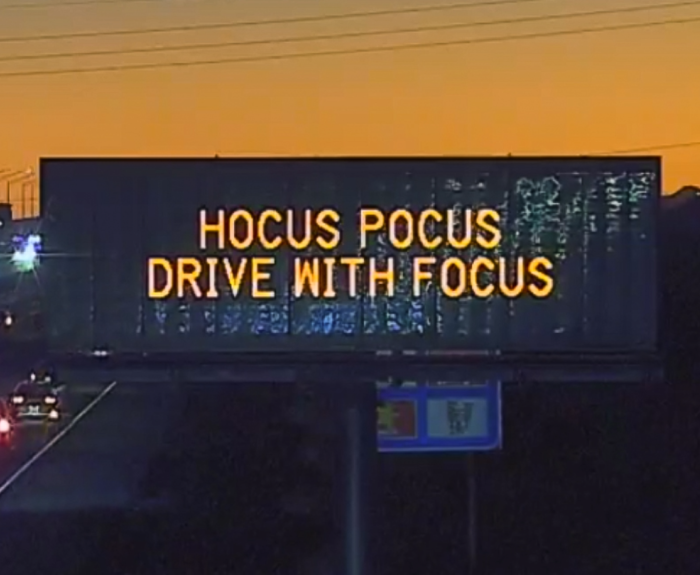 A digital highway sign that encourages motorists to drive with focus.