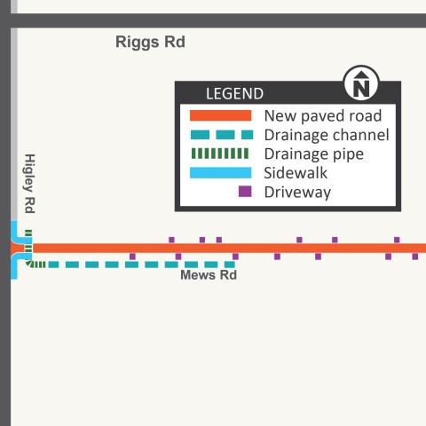 Map showing the planned locations for new pavement, a drainage channel and drainage pipes, sidewalks and driveway improvements on Mews Road.