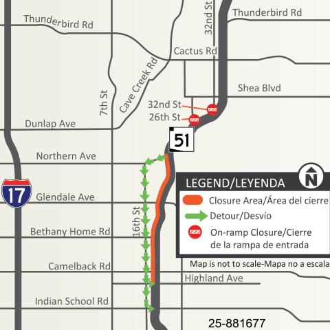 Map showing the detour route for the southbound SR 51 closure planned between Northern and Highland avenues
