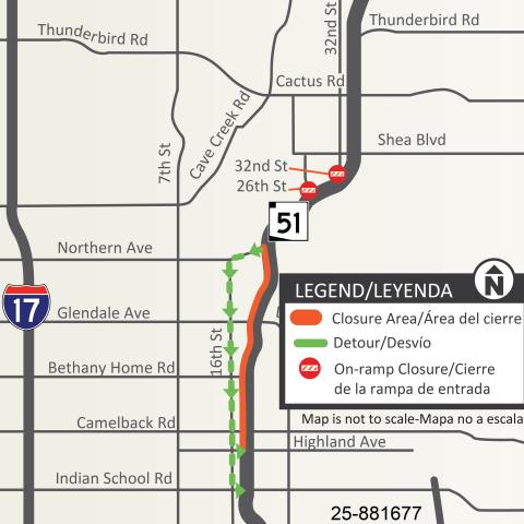 Map showing the detour route for the southbound SR 51 closure planned between Northern and Highland avenues March 20-23.