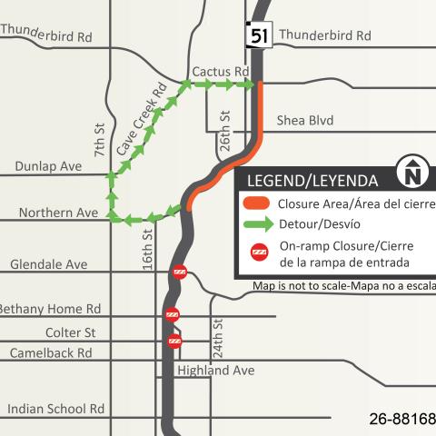 Map showing the detour route for the northbound SR 51 closure planned from Northern Avenue to Cactus Road